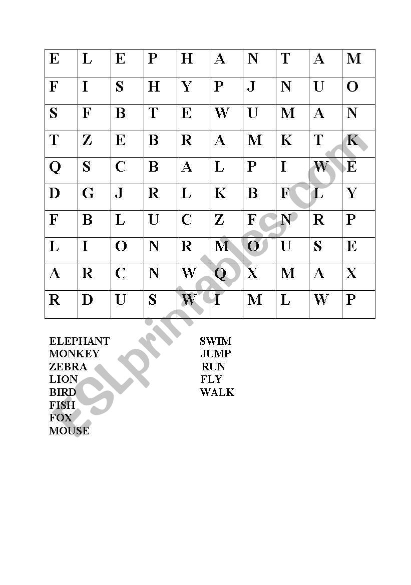 Animals word search worksheet