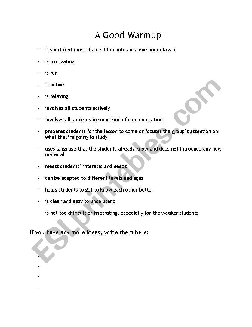 Warm up worksheet
