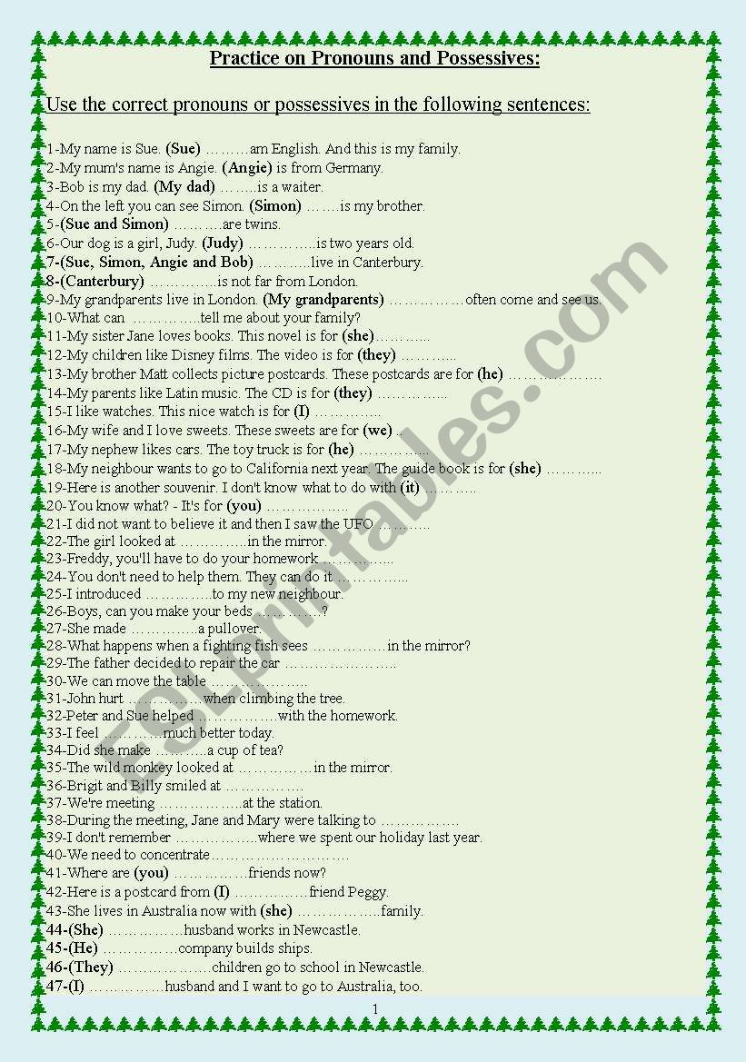 EXERCISES IN PRONOUNS AND POSSESSIVES