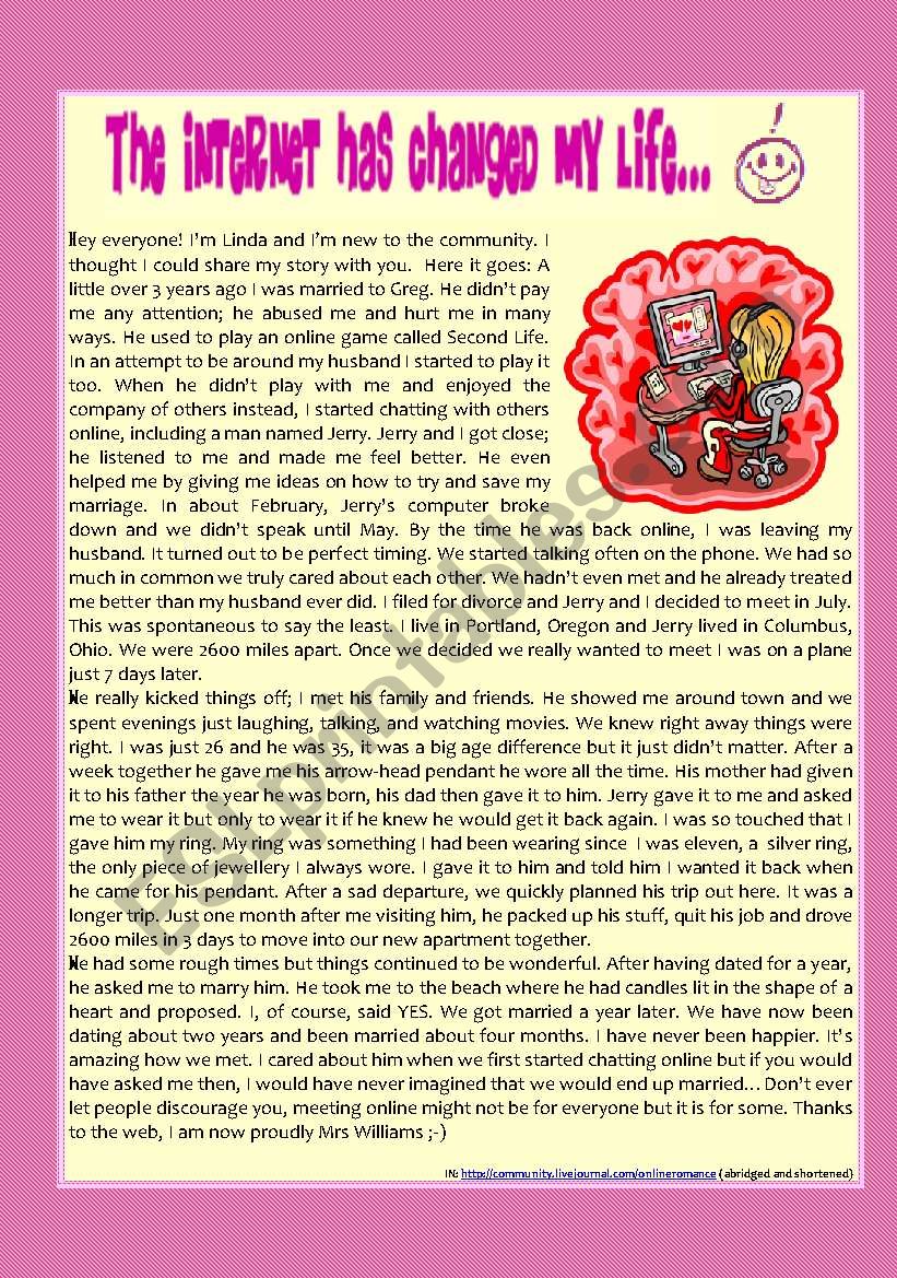 reading - ´How the Internet Has Changed My Life´ (online romance) + comprehension (2 pgs)