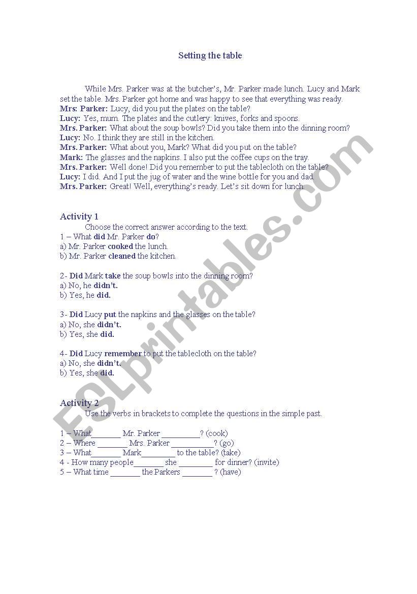 Setting the table worksheet