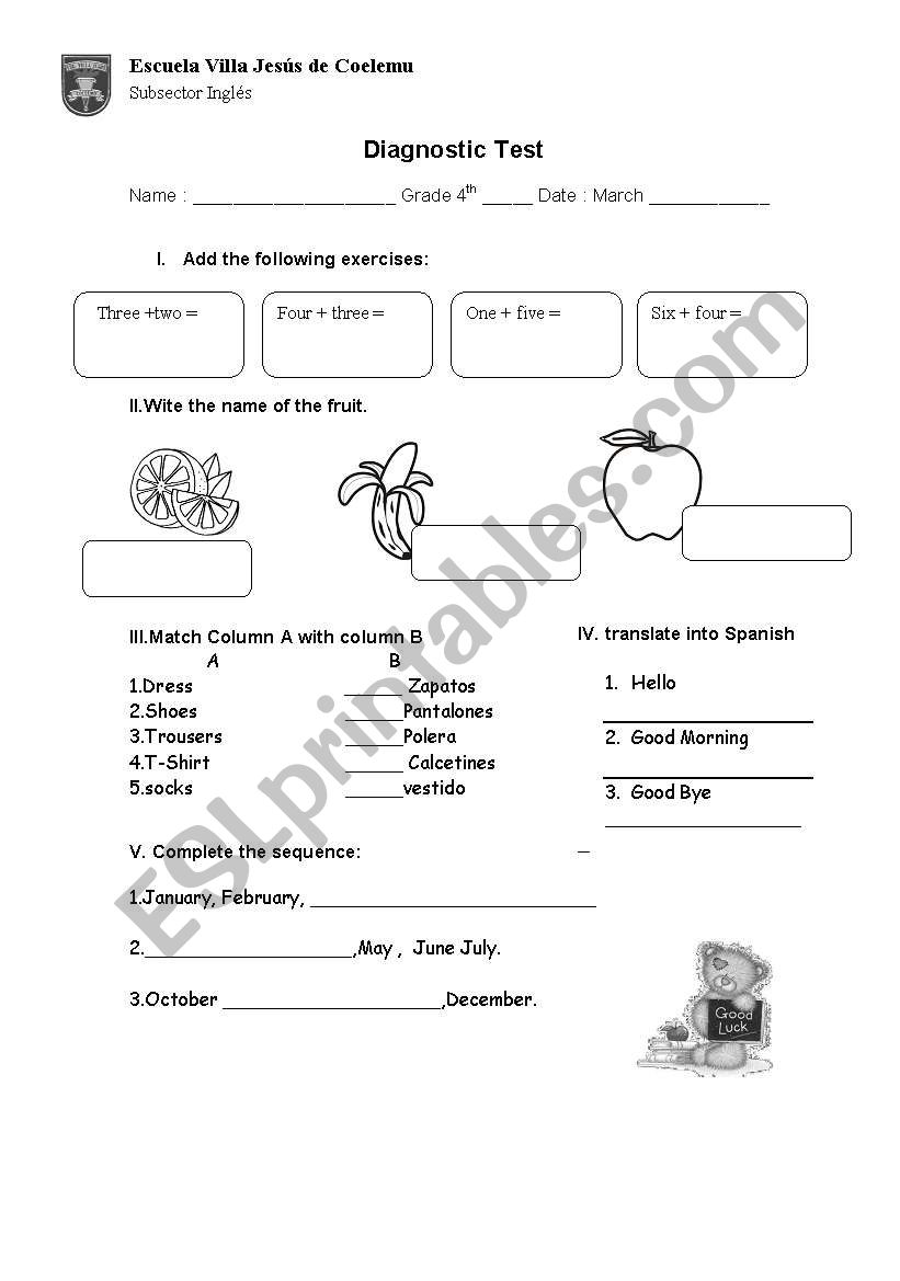 Diagnostic test 4th level worksheet