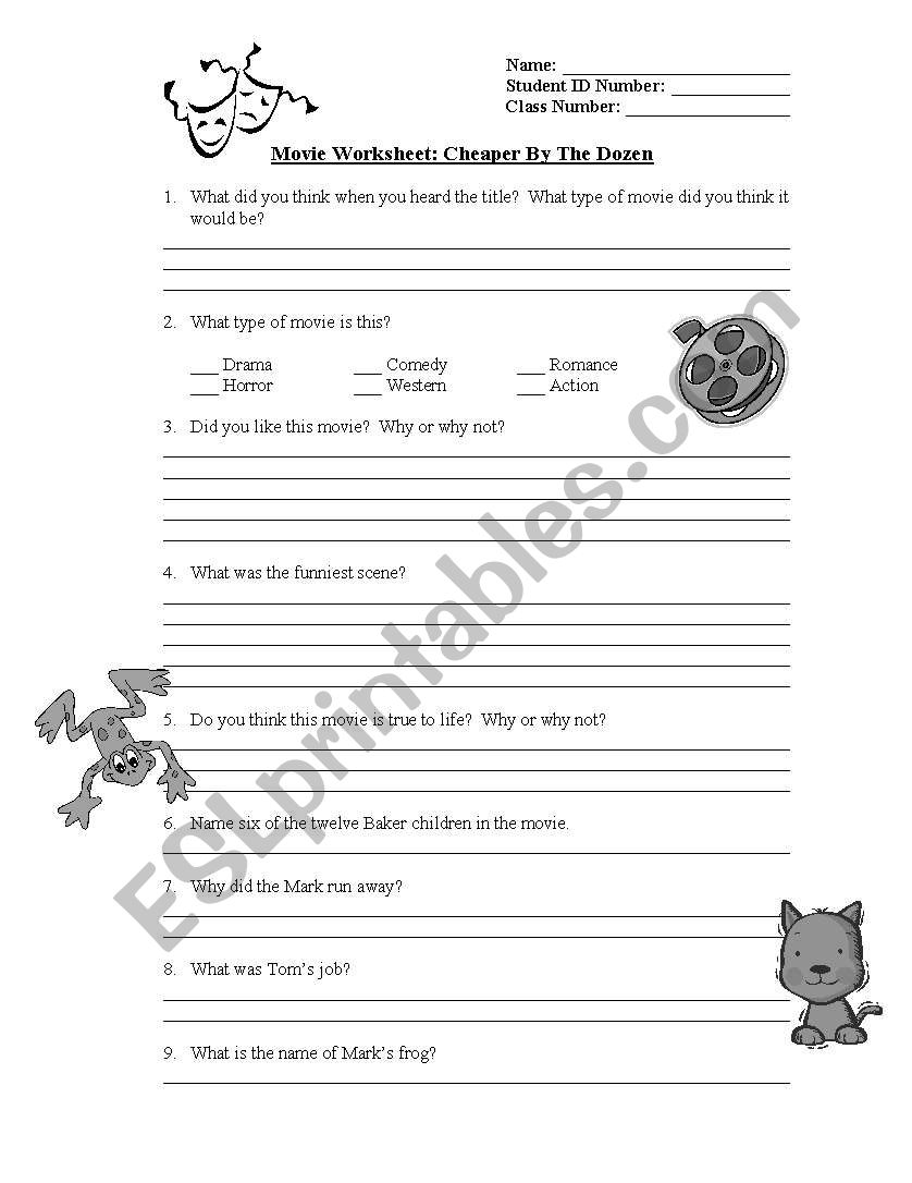 Cheaper by the dozen movie worksheet