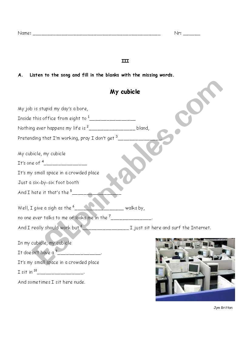 my cubicle worksheet