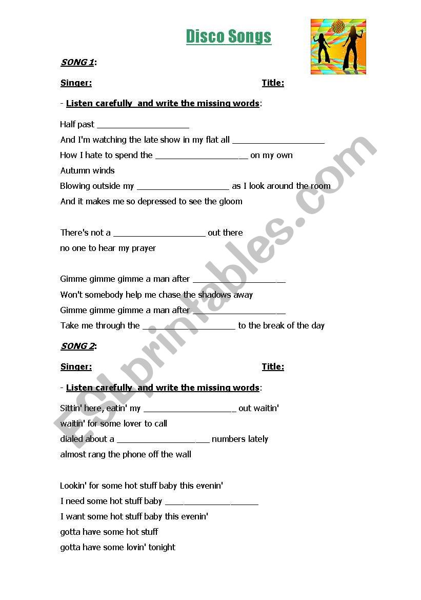 Disco set of songs worksheet