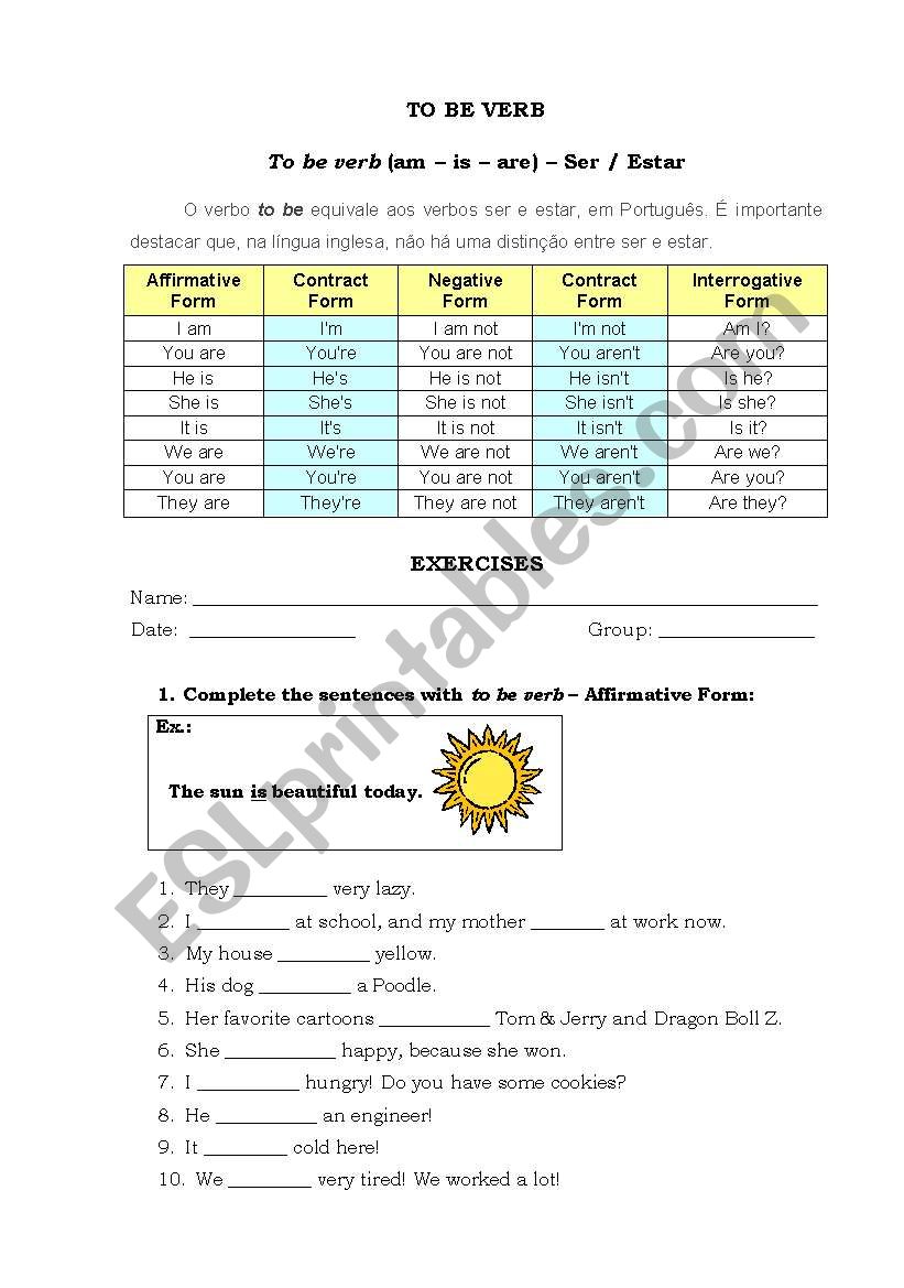 Exercises - To Be Verb worksheet