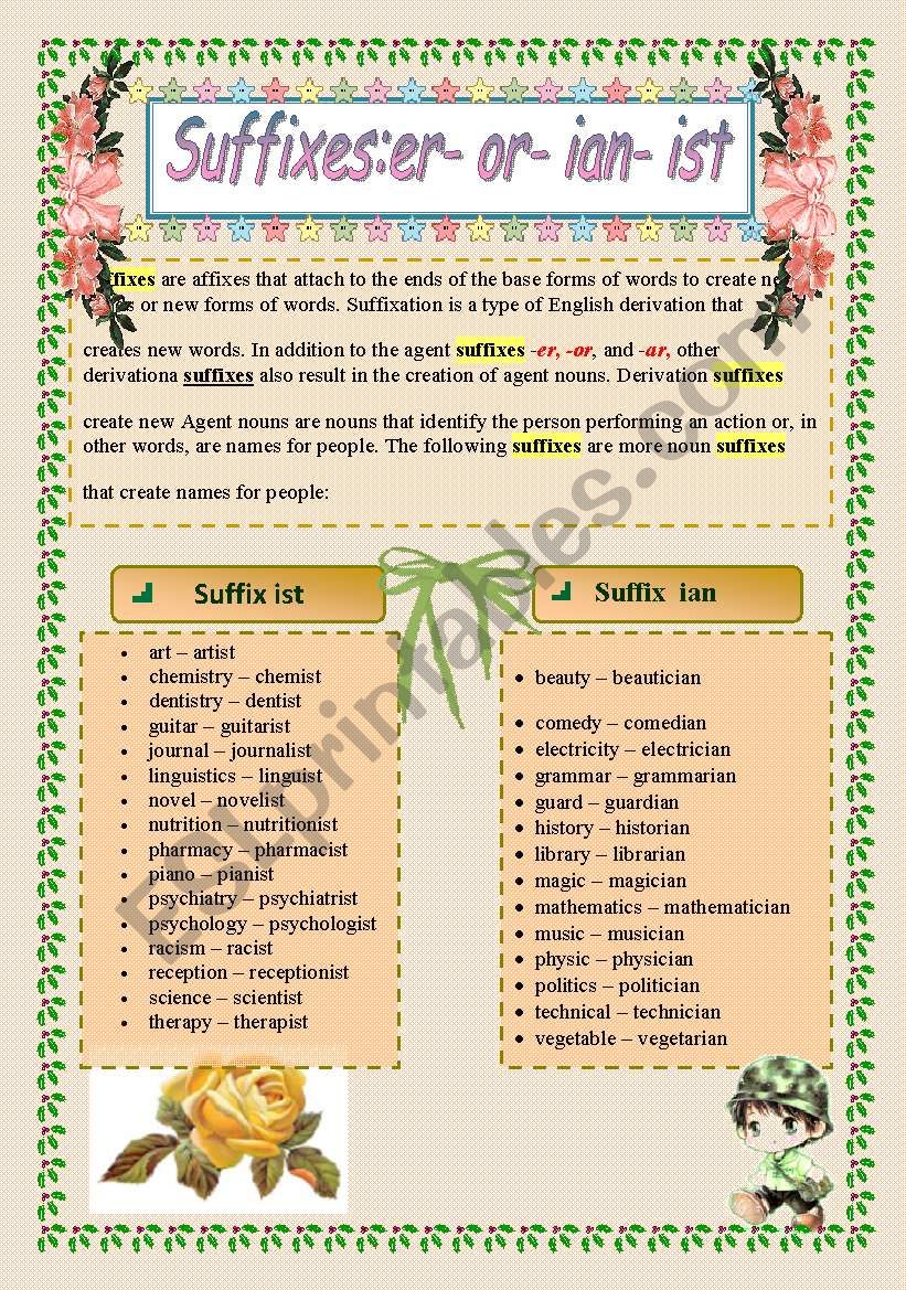 Suffixes: er- or - ist - ian worksheet