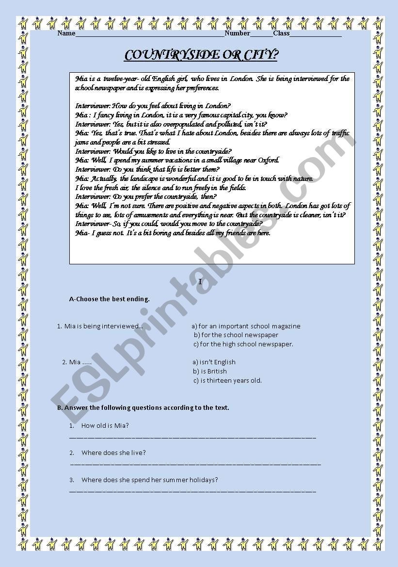 The City and the COUNTRYSIDE worksheet