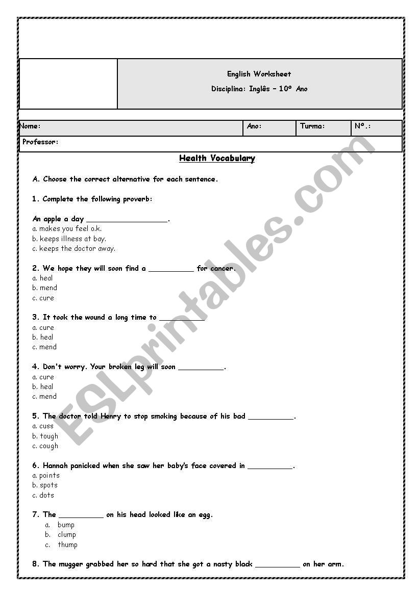 Health Vocabulary worksheet