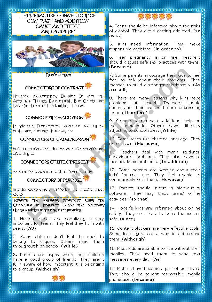 LETS PRACTISE CONNECTORS OF CONTRAST AND ADDITION, CAUSE AND EFFECT AND PURPOSE!