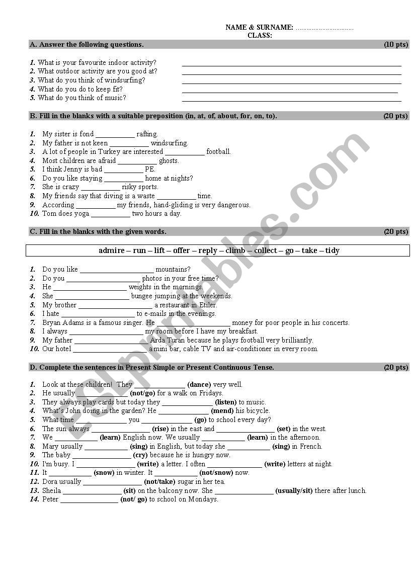 simple present, present cont., prepositions, general questions, vocabulary