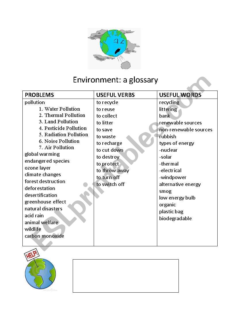 Environment::a glossary worksheet