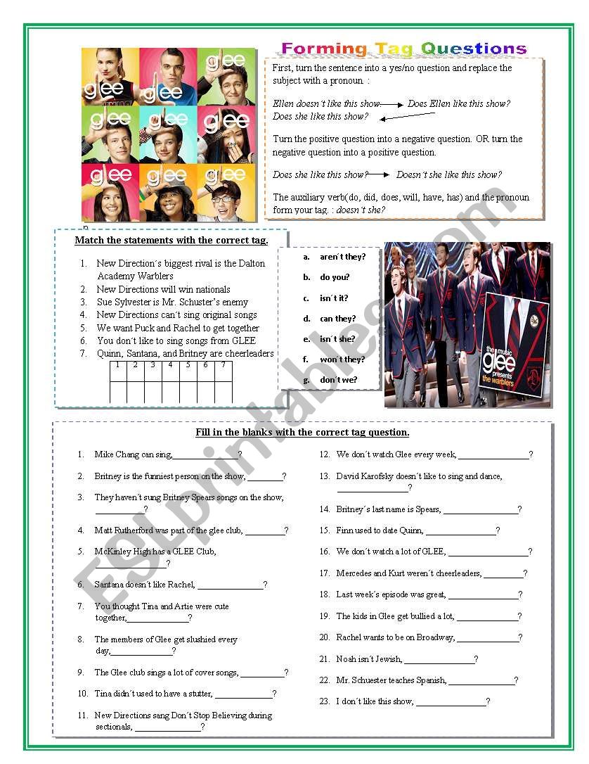 GLEE Tag Questions  worksheet