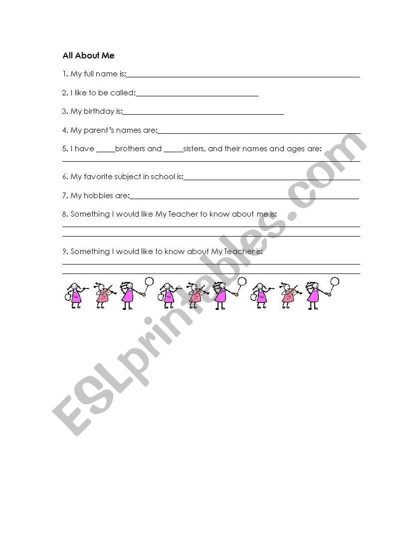 All About Me worksheet