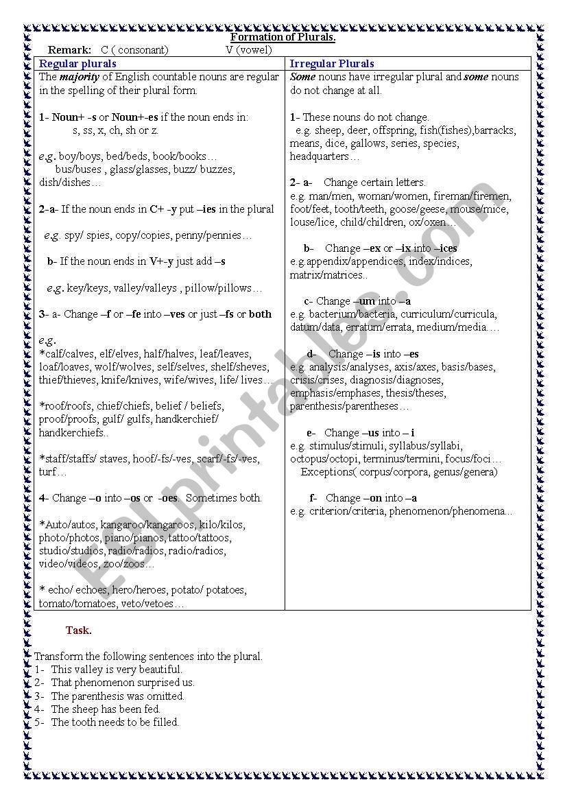 Formation of Plurals worksheet