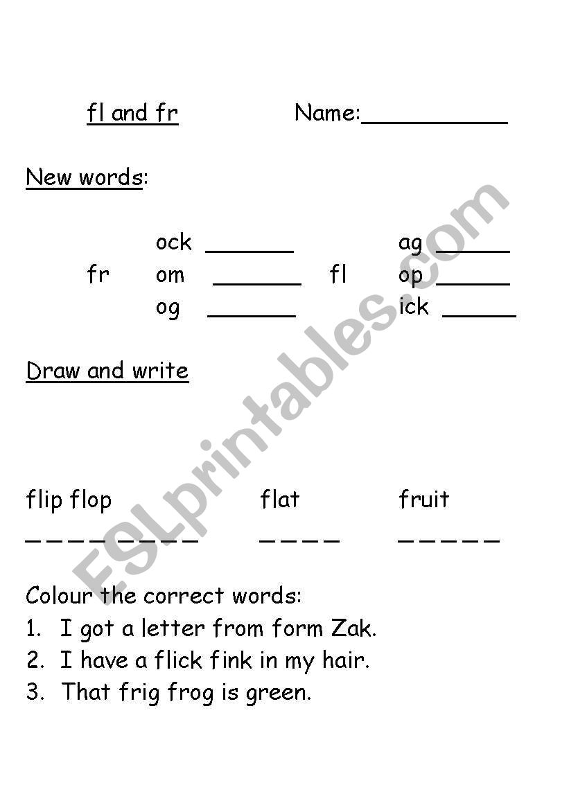 Consonant blends fr fl worksheet