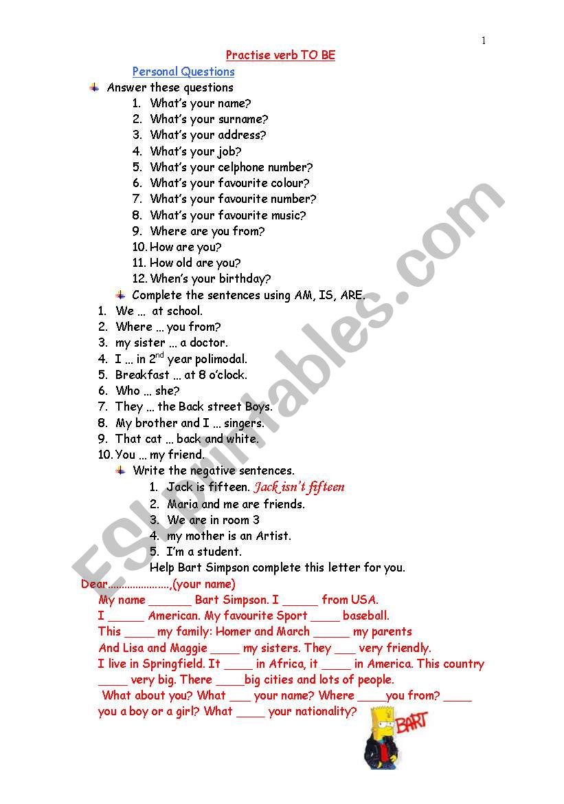 PRACTISE VERB TO BE worksheet