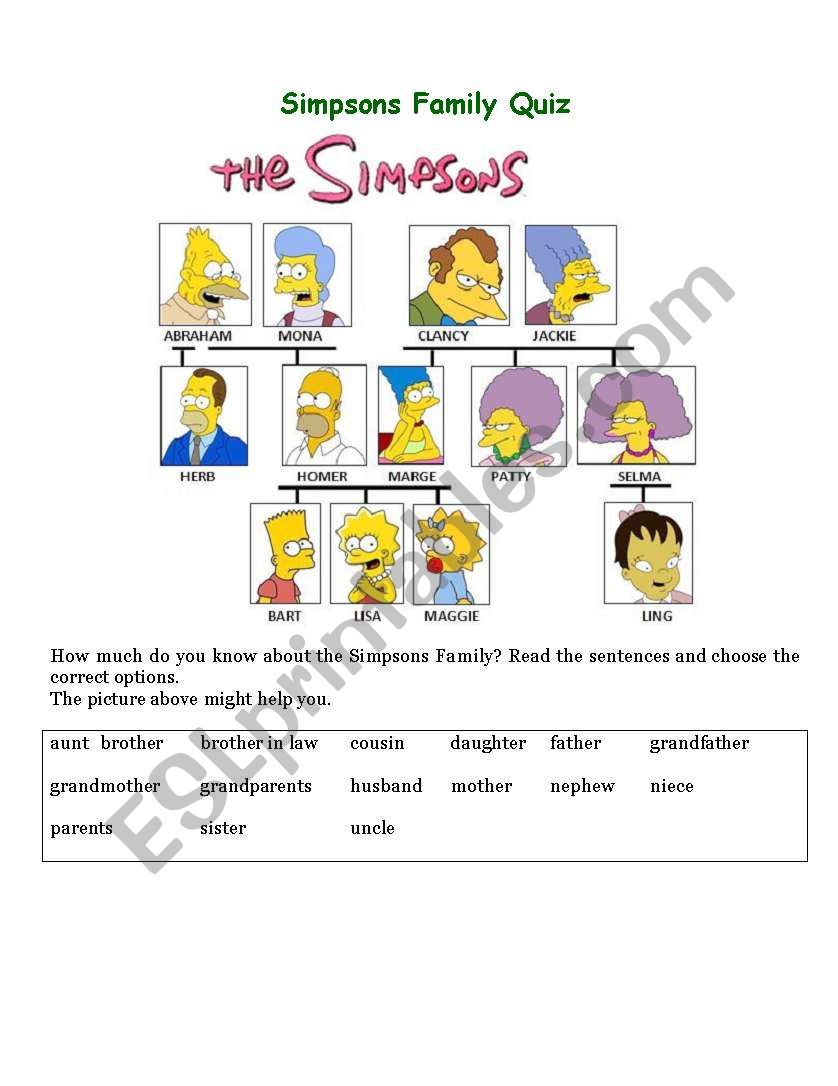 Simpsons Family Quiz worksheet