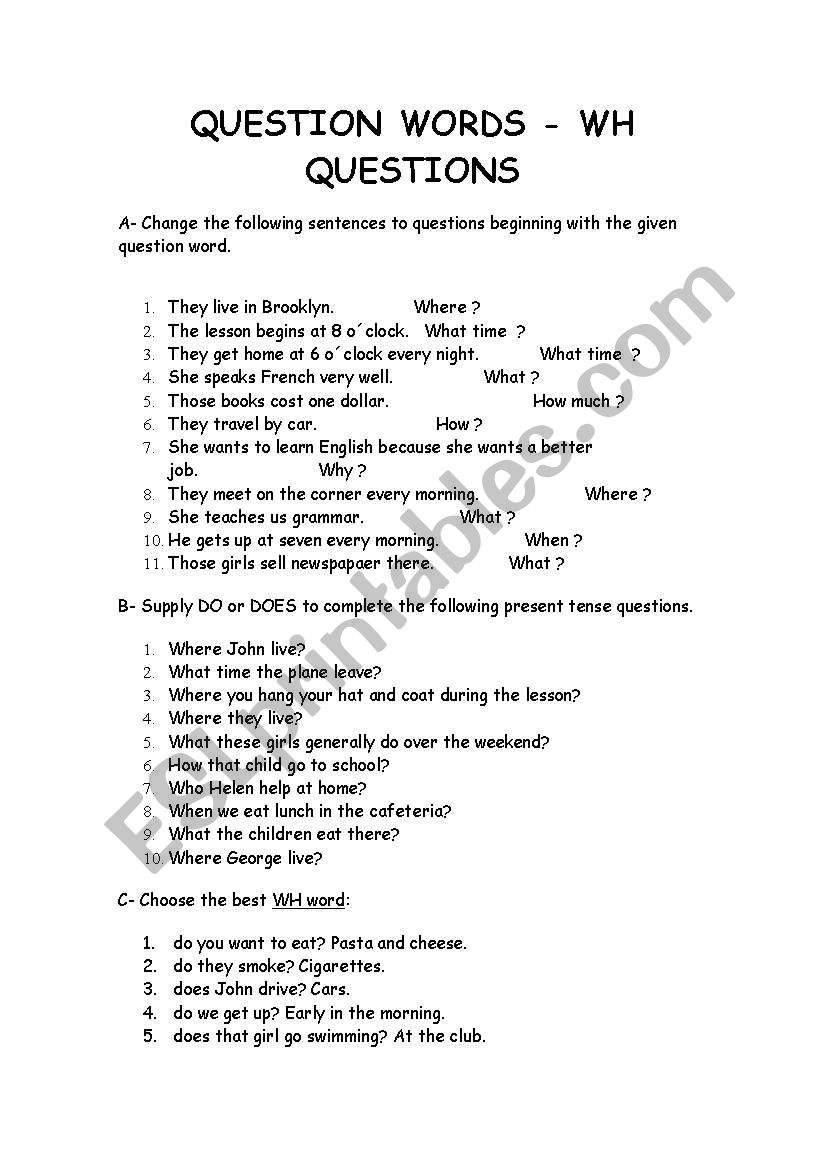 Question Words worksheet