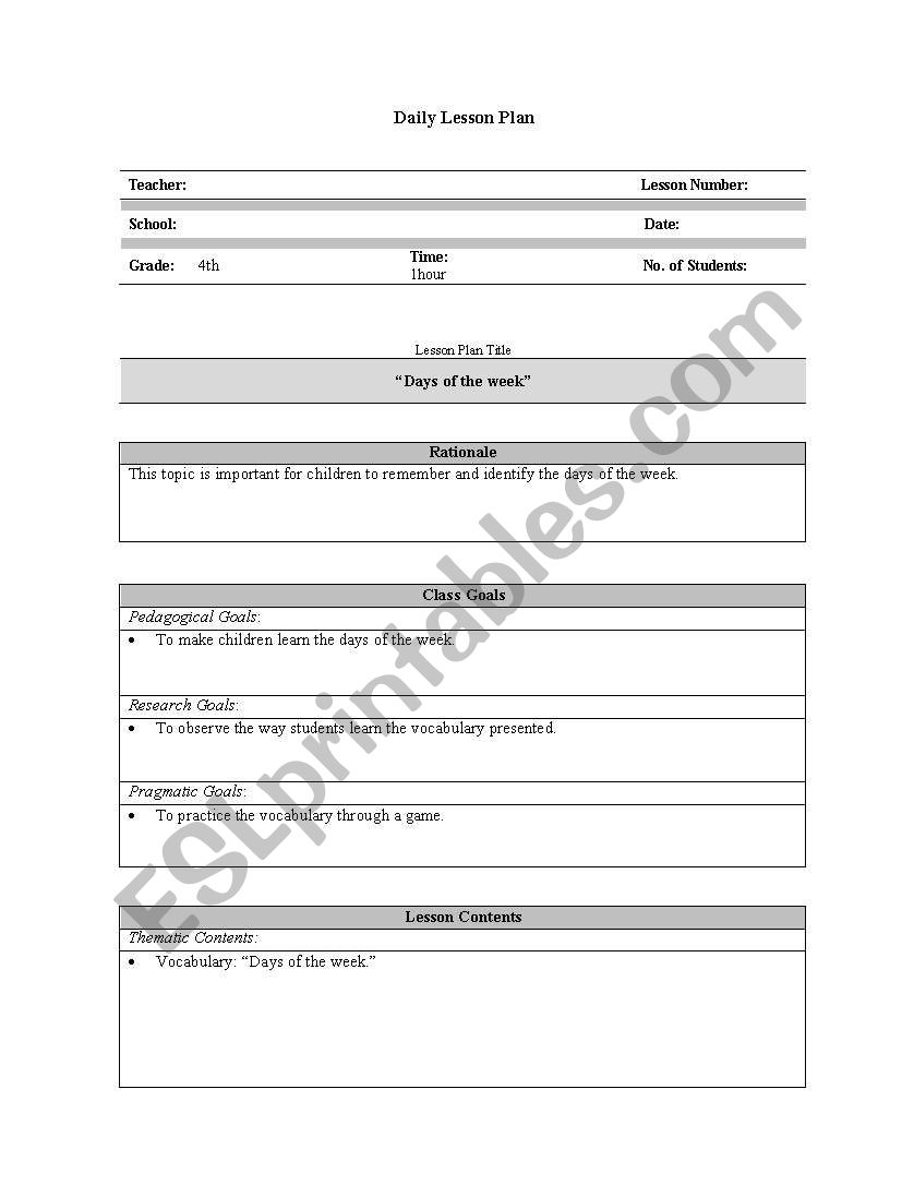 lesson plan: Days of the week worksheet