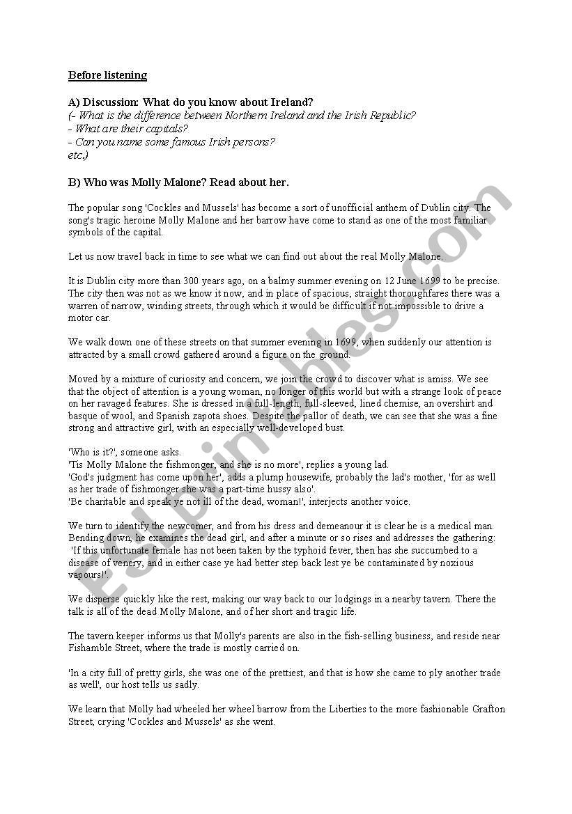 Molly Malone worksheet