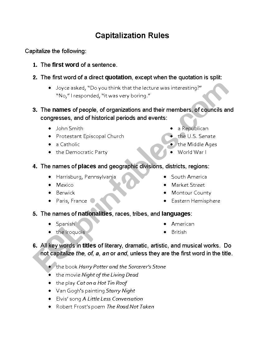 Capitalization Rules worksheet