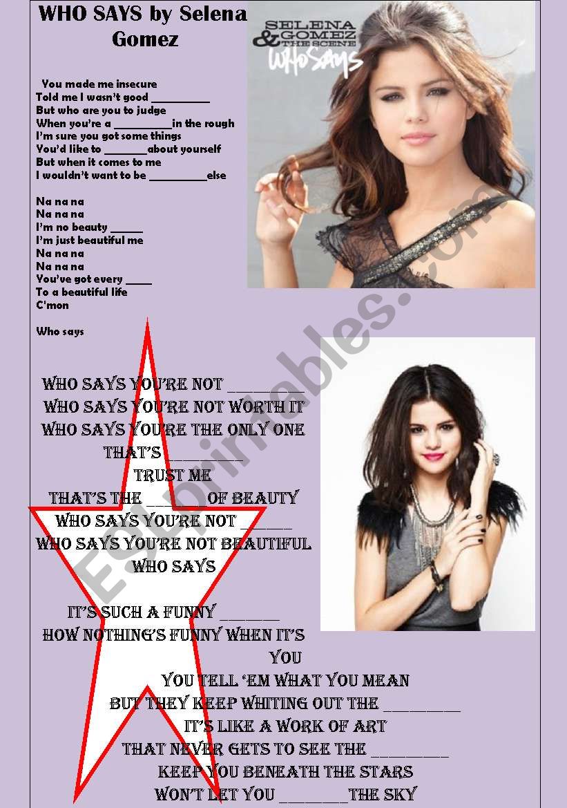 WHO SAYS by Selena Gomez worksheet