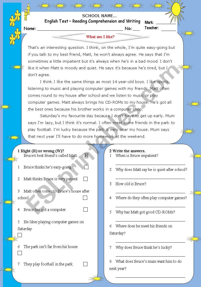 What am I like?-Reading and Writing Test