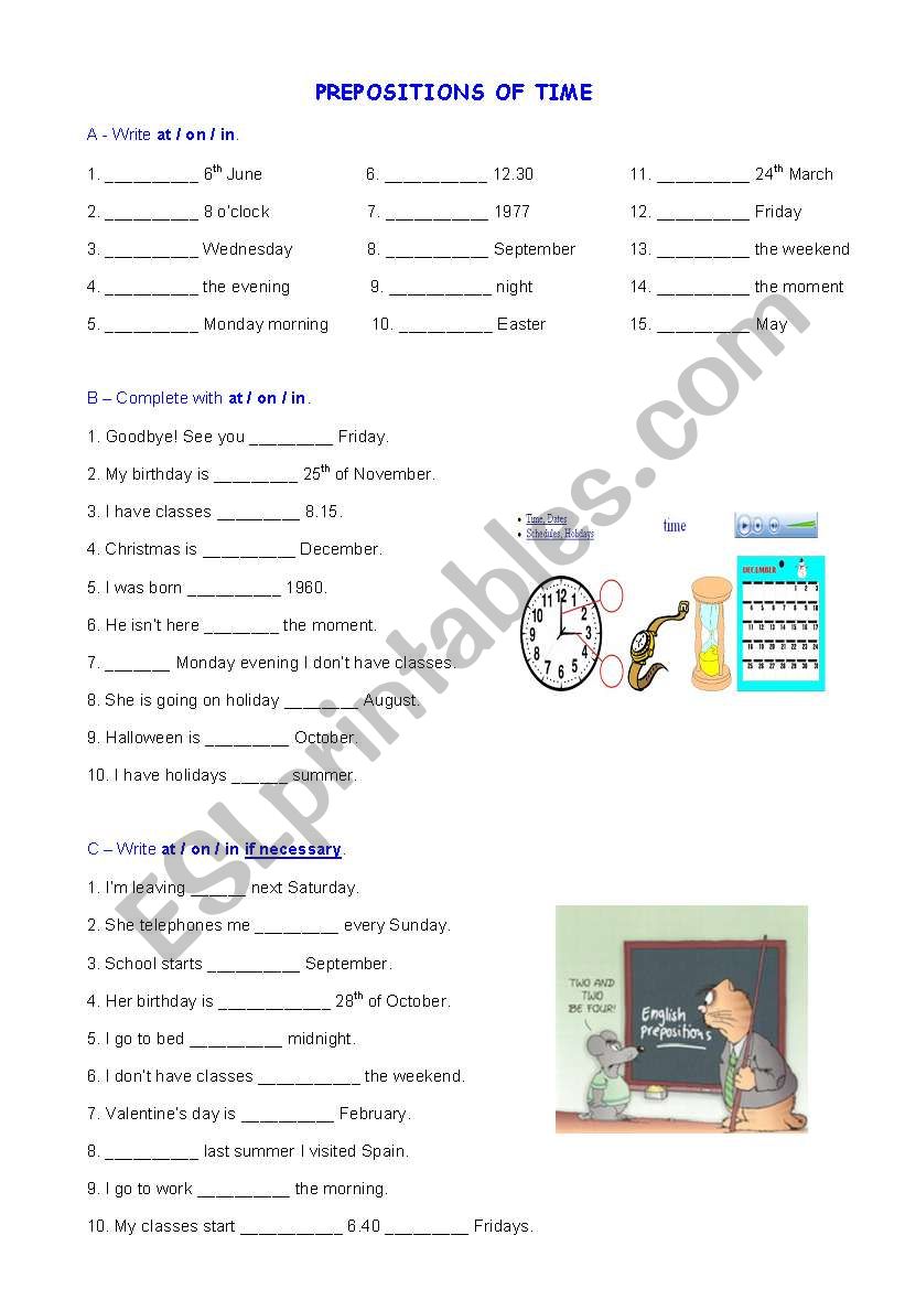 Prepositions of time worksheet