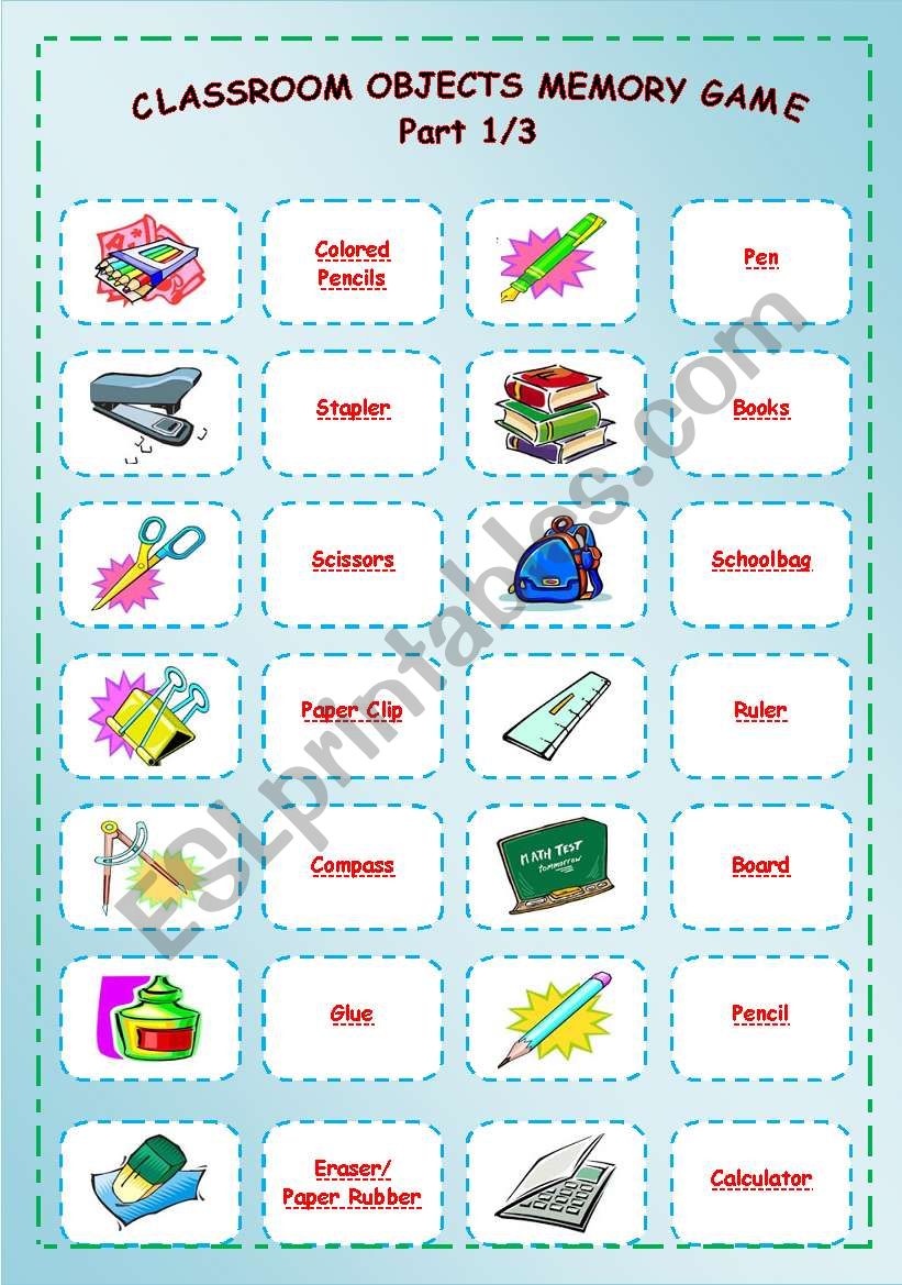 Classroom Objects Memory Game Part 1/3