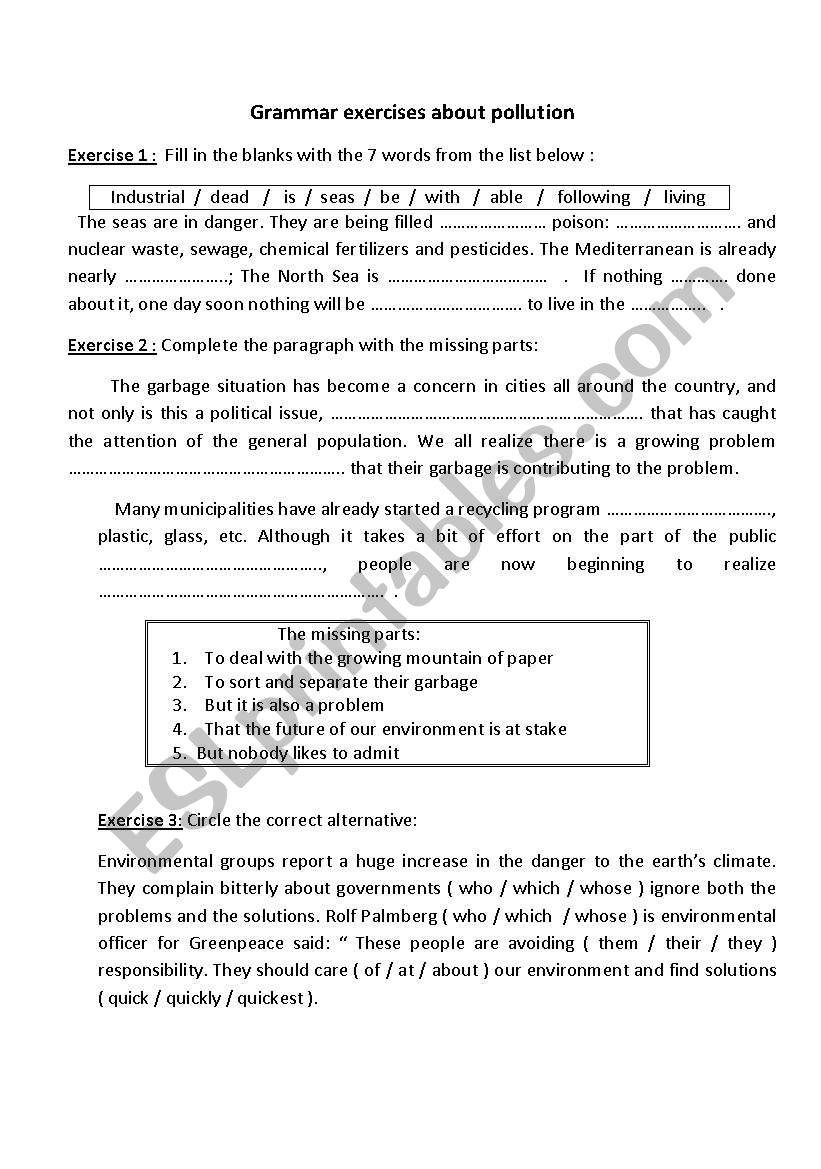 Exercises about pollution worksheet