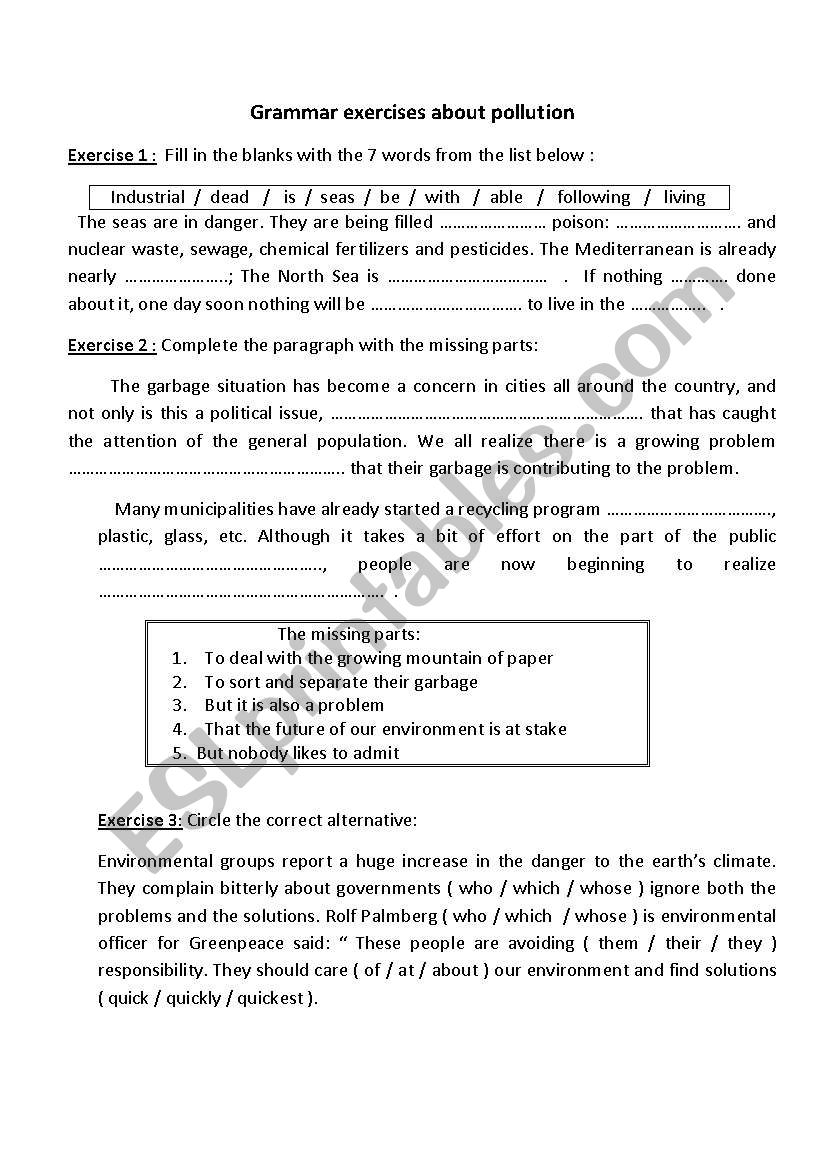 Exercises about pollution worksheet