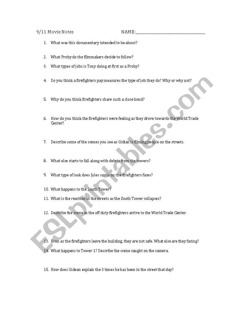 9/11 Documentary Worksheet worksheet