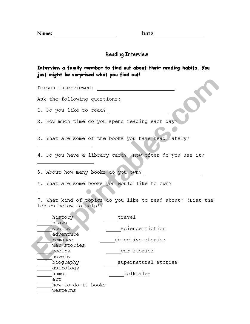 Reading Interview worksheet