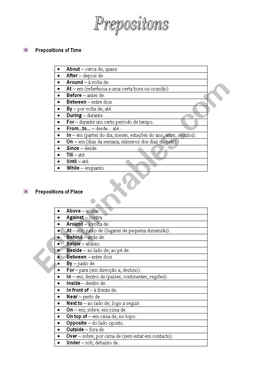 Prespositions - guide worksheet