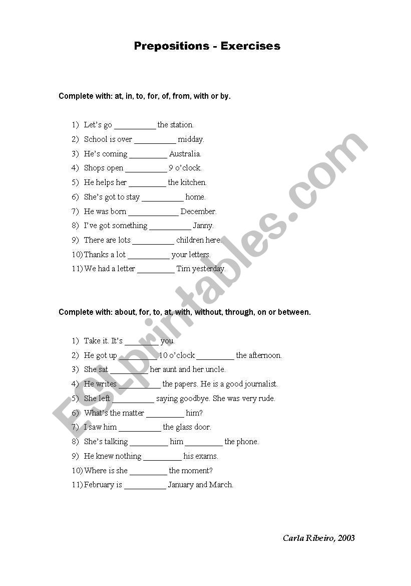 Prepositions - exercises worksheet