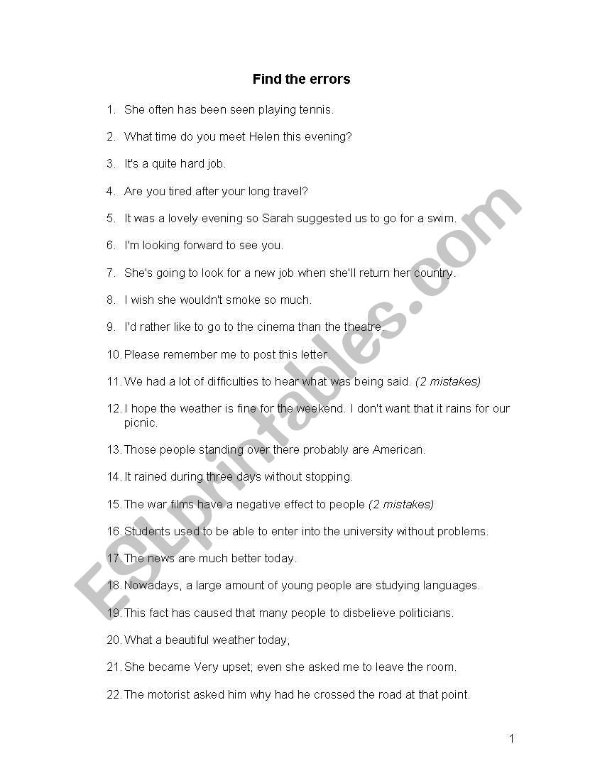 Find the errors worksheet