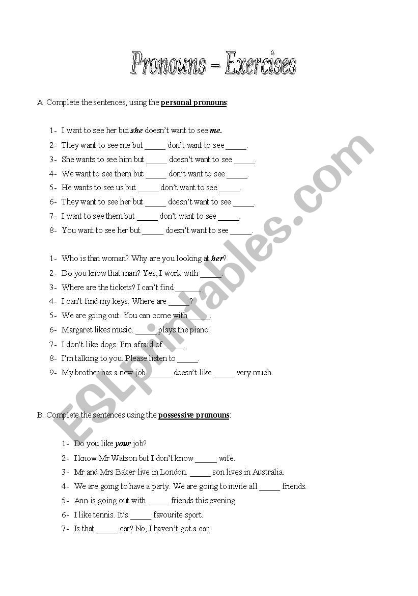 Pronouns - exercises worksheet