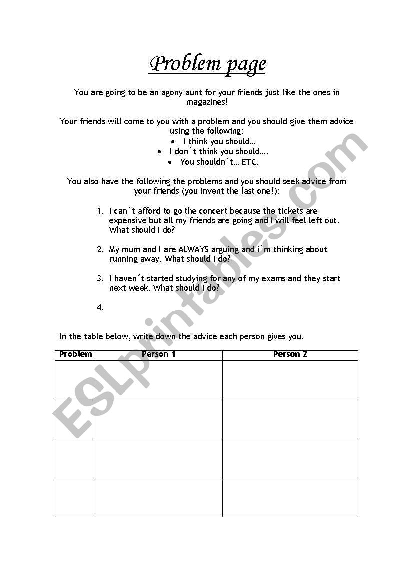 Problem page worksheet