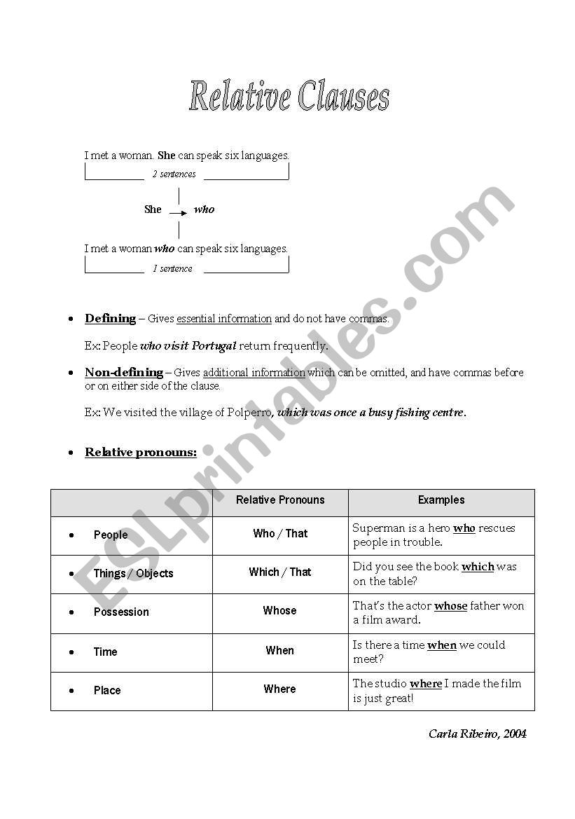 Relative clauses - guide worksheet
