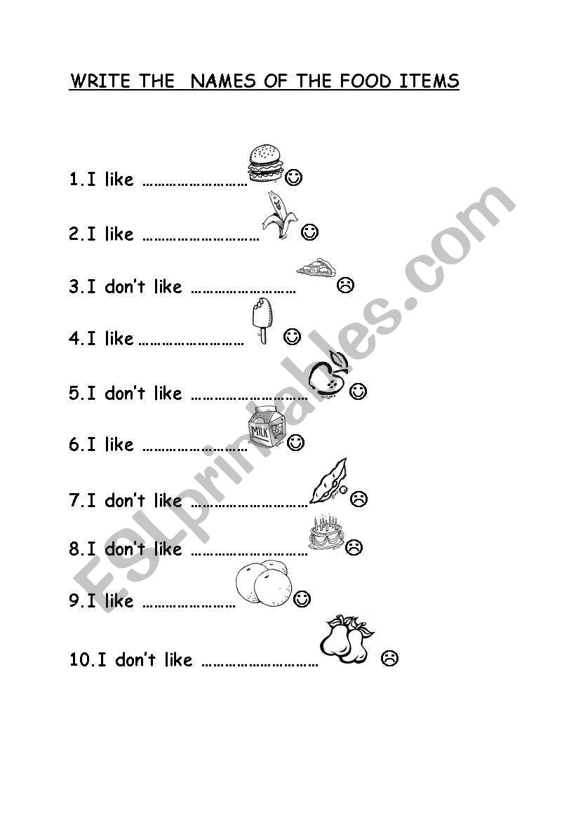 WRITE THE FOOD ITEMS worksheet