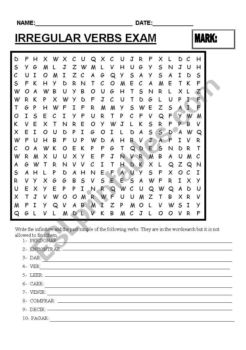 irregular verbs exam worksheet