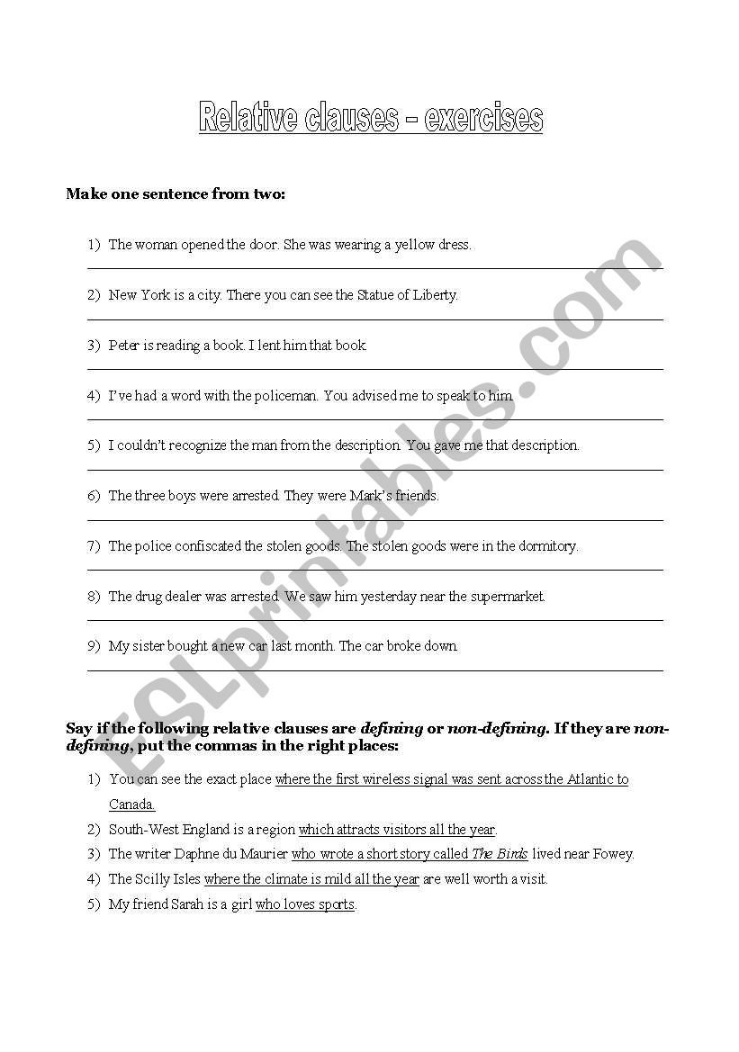 Relative clauses - exercises worksheet