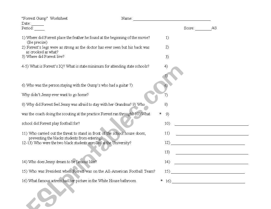 Forest Gump Worksheet worksheet