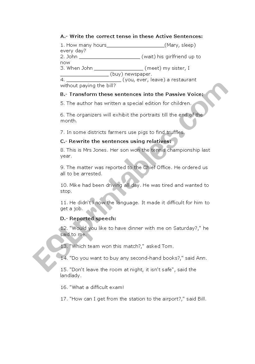 bachillerato exercises worksheet