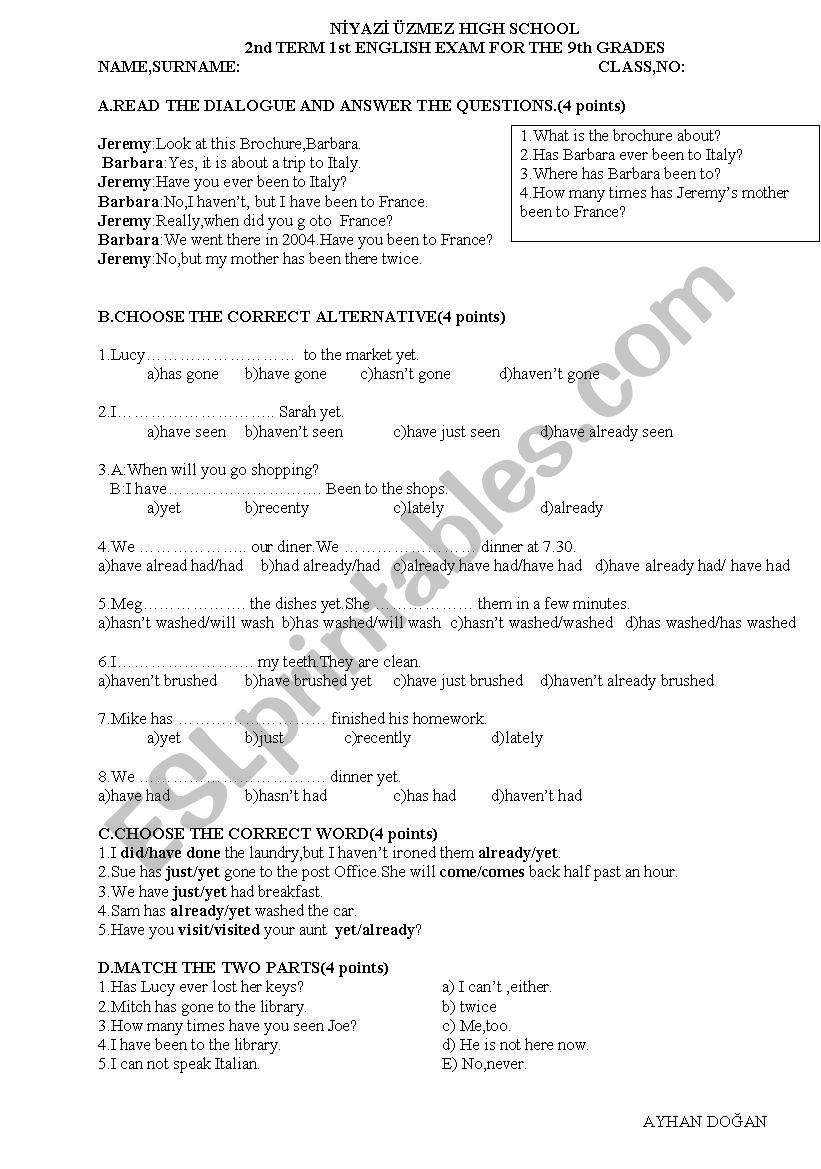 9th class exam worksheet