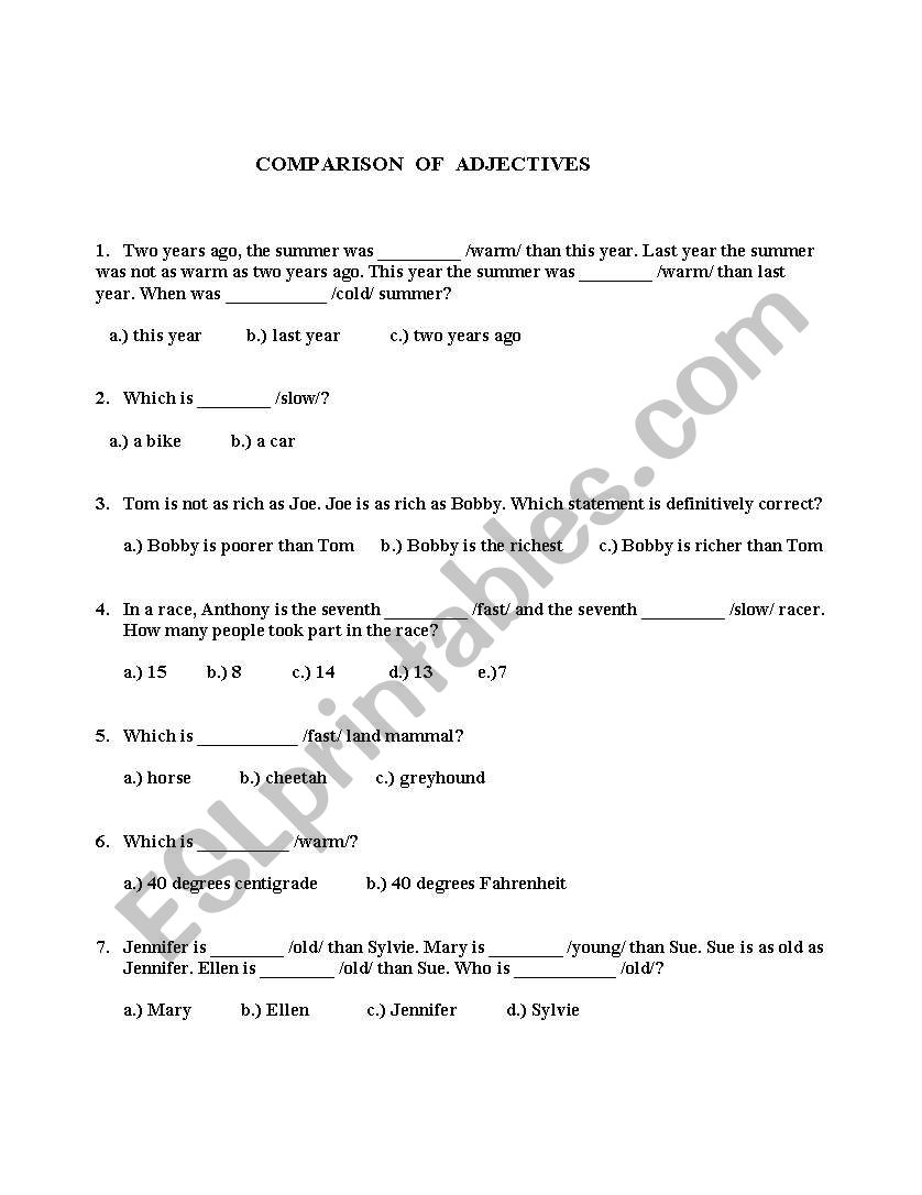 comparison of adjectives worksheet