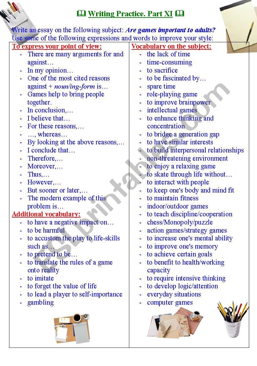 Writing practice for TOEFL/IELTS exams. Useful expressions and vocabulary. Part XI.