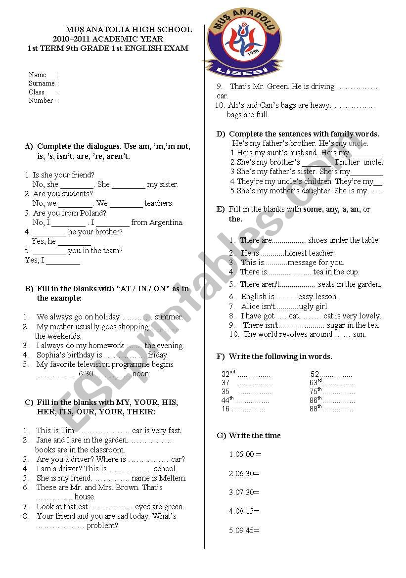 exam worksheet