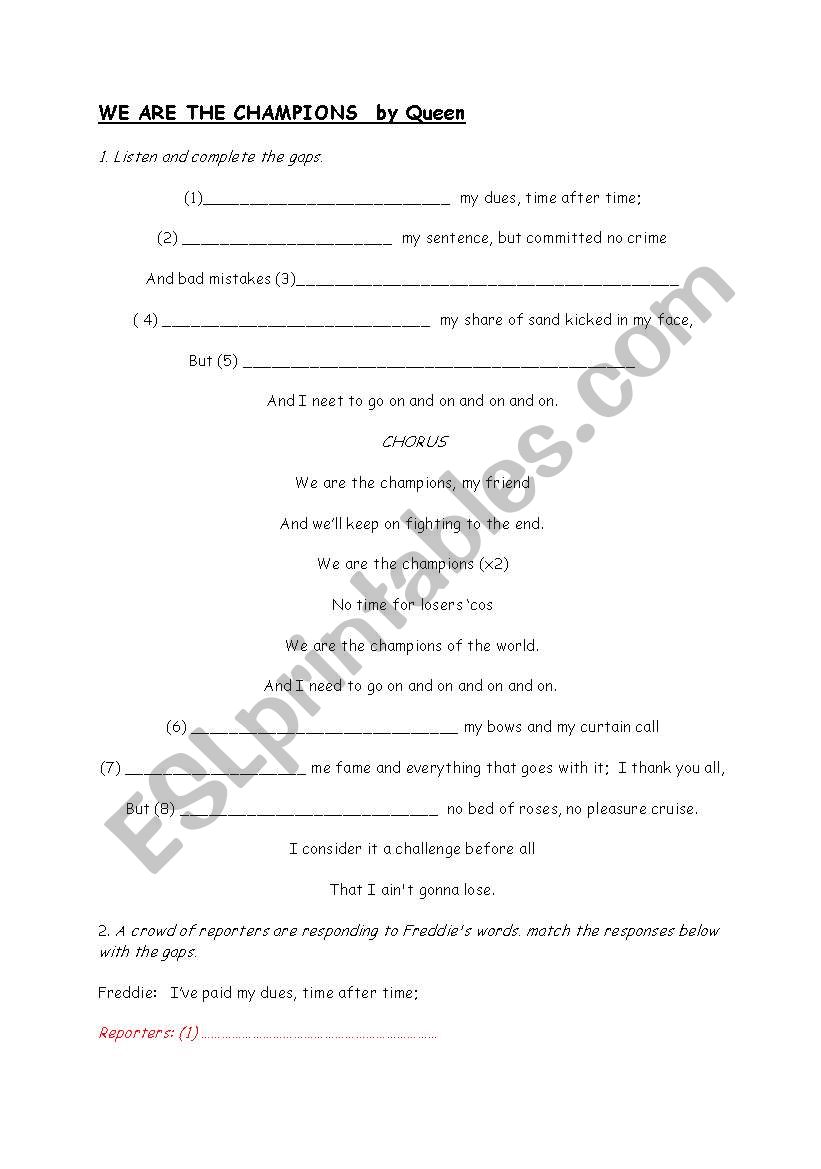 We are the champions worksheet